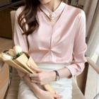 Long-sleeve V-neck Plain Ruched Satin Blouse