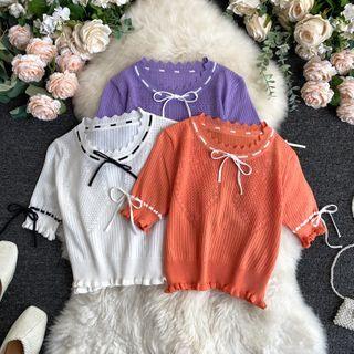 Wavy Trim Pointelle-knit Top