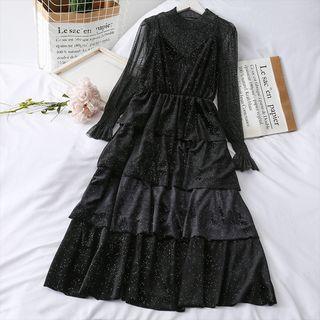 Set: Lace Top + Layered Sleeveless Dress Black - One Size