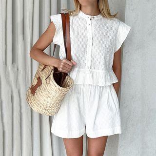 Set: Short-sleeve Stand Collar Blouse + Shorts