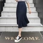 Zip-front Linen Blend Midi Mermaid Skirt Navy Blue - One Size
