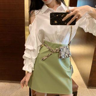 Cut-out Puff-sleeve Blouse / High-waist Mini A-line Skirt