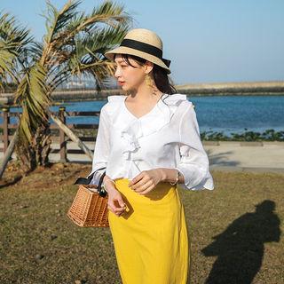 V-neck Elbow-sleeve Ruffled Blouse