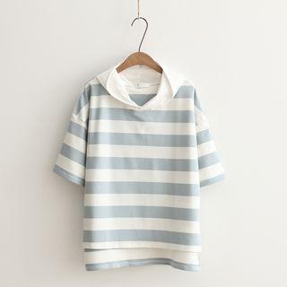 Striped Short-sleeve Hooded T-shirt