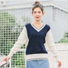V-neck Panel Long-sleeve Knit Sweater