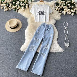 Set Of 2 : Lettering Short-sleeve Top + Ripped Denim Wide-leg Pants
