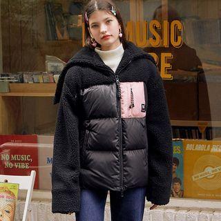 Zipped-hood Fleece-panel Puffer Jacket Black - One Size