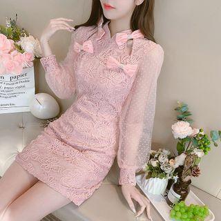 Long-sleeve Embroidered Bow-accent Sheath Dress