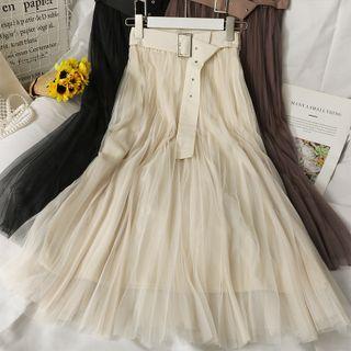 Pleated Mesh Midi Skirt With Belt
