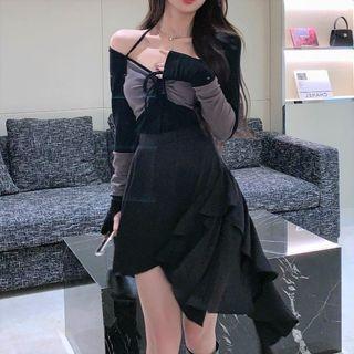 Long-sleeve Cold-shoulder Top / Asymmetrical Mini A-line Skirt
