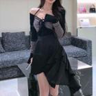 Long-sleeve Cold-shoulder Top / Asymmetrical Mini A-line Skirt