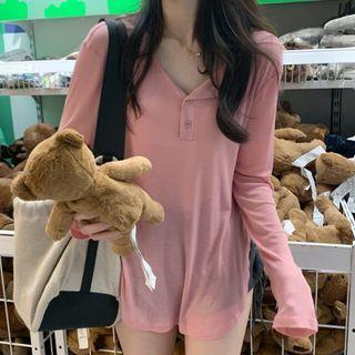 Long-sleeve Plain T-shirt / Drawstring Sweatshorts