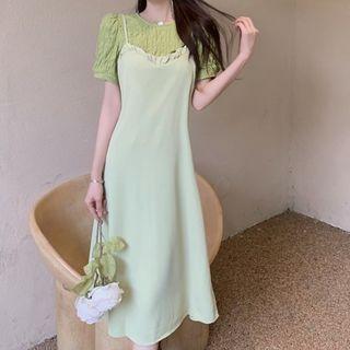 Short-sleeve Shirred Blouse / Midi Overall Dress