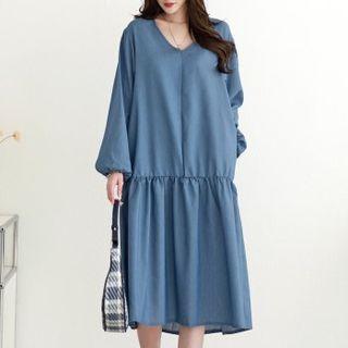 V-neck Shirred Midi Denim Dress