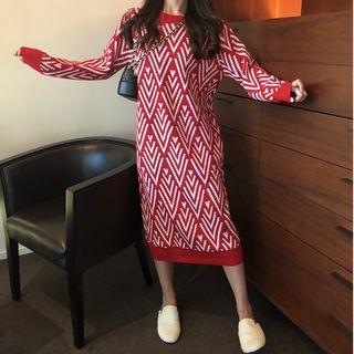 Chevron Midi Sweater Dress Red - One Size