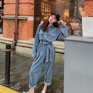 Long-sleeve Plain Bow-accent Jumper Pants