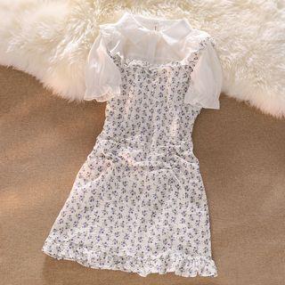 Short-sleeve Ruffled Blouse / Floral Print Overall Dress