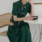 Collared Short-sleeve Bow Midi A-line Dress