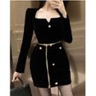 Long-sleeve Square-neck Mini Sheath Dress / Chain Belt