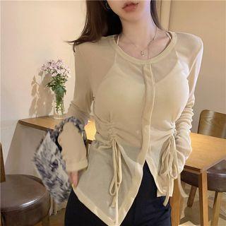 Crewneck Plain Lace-up Split Knit Top