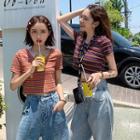 Striped V-neck Short-sleeve Slim-fit T-shirt