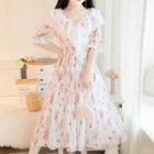 Floral Print Ruffled Bell-sleeve Maxi A-line Dress