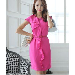 Cap Sleeve Ruffled Sheath Dress With Belt