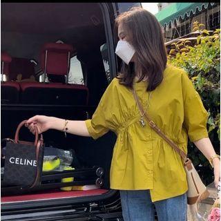 Elbow Sleeve Collarless Plain Asymmetrical Hem Blouse