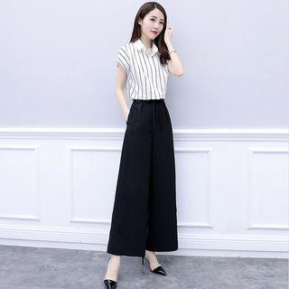 Set: Striped Short-sleeve Shirt + Wide Leg Pants
