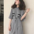 Elbow-sleeve Tie-waist Printed Midi Dress