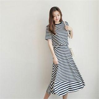 Set: Round-neck Stripe T-shirt + A-line Midi Skirt
