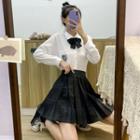 Plain Shirt / Ribbon Bow Tie / Pleated Mini A-line Skirt / Set