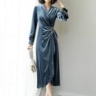 Velvet Long-sleeve Wrap Midi Dress