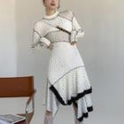 Long-sleeve Floral Print Irregular Knit A-line Dress White - One Size
