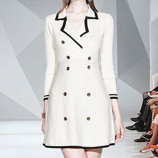 3/4-sleeve Contrast-lining Mini A-line Knit Dress