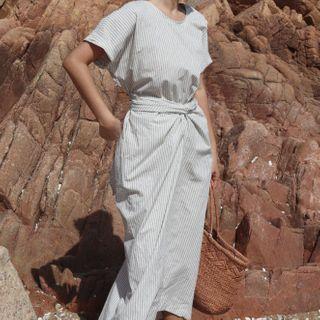 Tie-waist Striped Short-sleeve Midi A-line Dress White - One Size