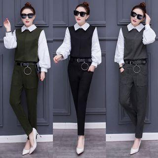 Set: Color Panel Collared Long Sleeve Top + Plain Slim Fit Pants