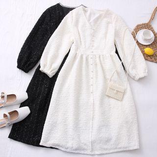 Lace-trim V-neck Woolen Midi Dress