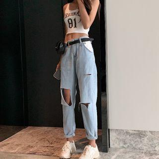 Low Waist Distressed Straight Leg Jeans