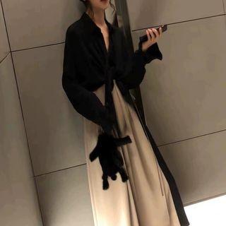 Set: Long Sleeve Plain Shirt + Two Tone Sleeveless A-line Dress