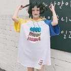 Color Block Lettering Hooded Elbow-sleeve T-shirt Dress