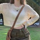 Pointelle Knit Cropped Sweater Almond - One Size