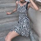 Spaghetti-strap Zebra Print A-line Dress / Chain Shoulder Strap