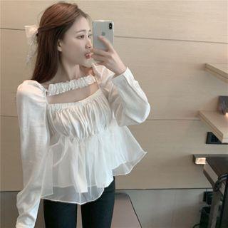 Long-sleeve Shirred Mesh Panel Blouse