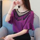Elbow-sleeve Fringed Top