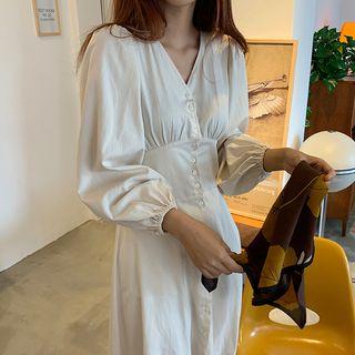 Lantern-sleeve V-neck Ruffled Slim Fit Dress Almond - One Size