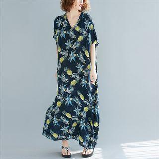 Pineapple Short-sleeve Maxi Sun Dress As Shown In Figure - One Size