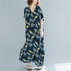 Pineapple Short-sleeve Maxi Sun Dress As Shown In Figure - One Size