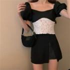 Puff-sleeve Lace Panel Top / Fitted Mini Skirt