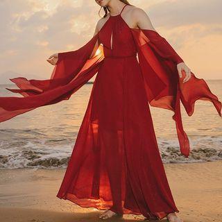 Long-sleeve Cold Shoulder Open-back Maxi A-line Dress